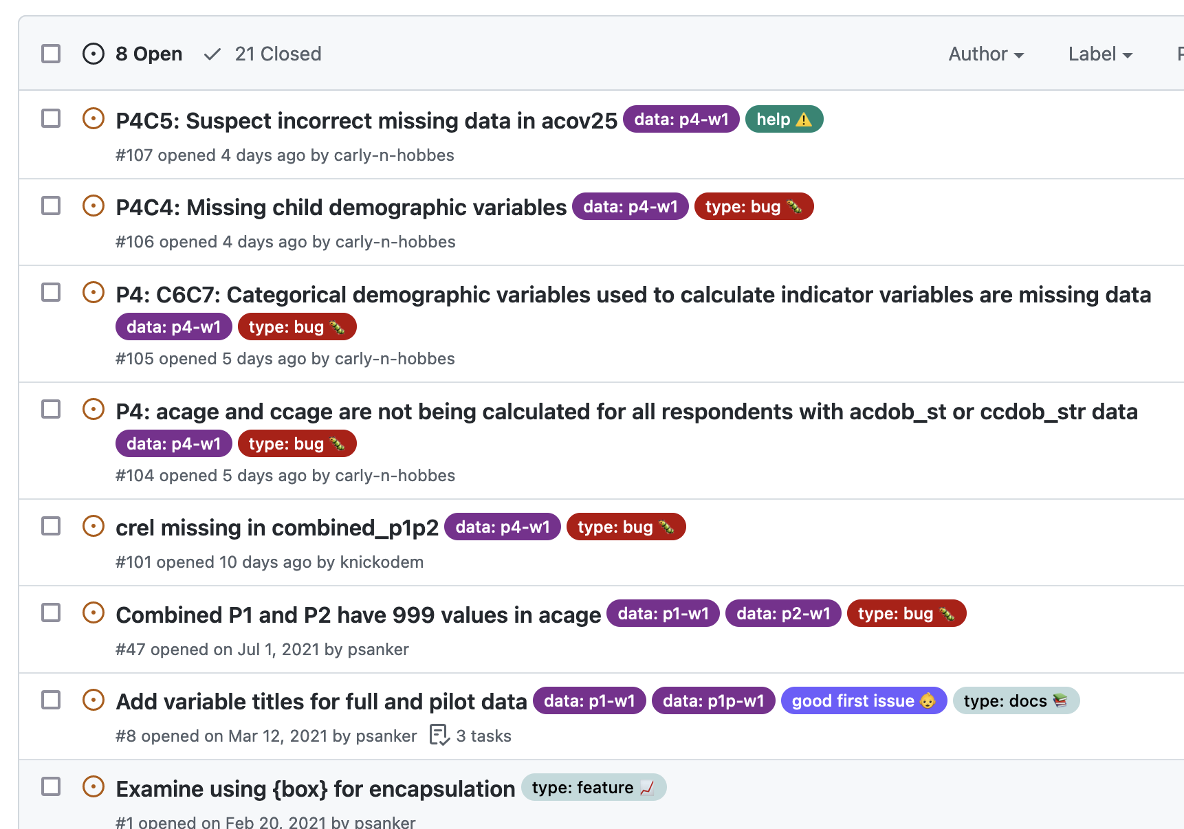 Screenshot of issue list on Github